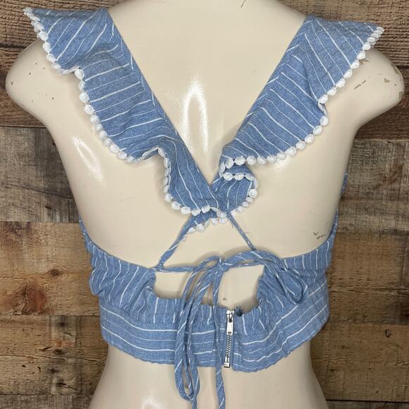 Blue Chambray Denim White Stripe Crop Top Criss Cross Tie Back Size Medium - Picture 5 of 7